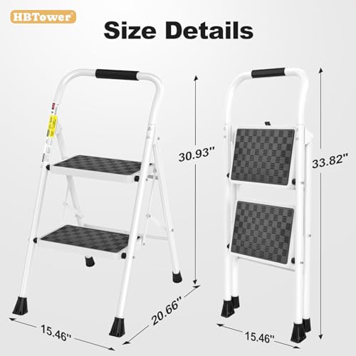 Image of HBTower Step Ladder, Folding Step Stool with Wide Anti-Slip Pedal, Sturdy Steel Ladder, Convenient Handrail, Lightweight, Portable Steel Step Stool