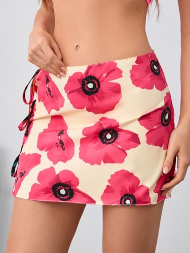 Verdusa Women's Colorblock Floral Print Mini Skirt Side Bow Tie Holiday Skirt Summer Cover Up3
