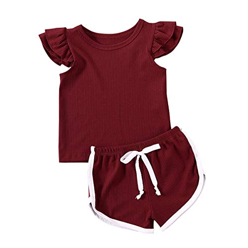 Infant Baby Girls Summer Shorts Set Cotton Short Sleeve T-Shirt Tops Ruffled Shorts Clothes Set (Sport-Wine Red, 12-18M)