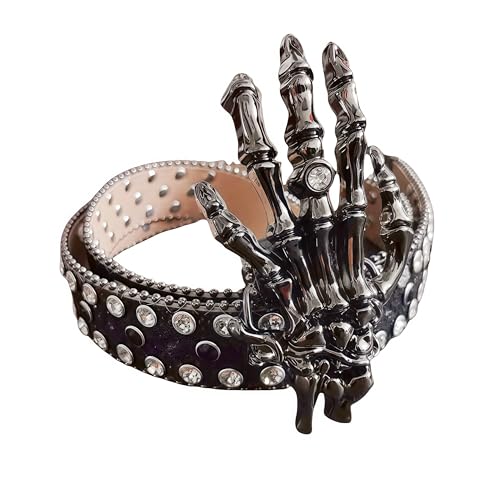 Statement Belt with Ornate Skull Motif Buckle & Triple Rolling Clasps - Rhinestone Studded Adjustable Strap for Men and Women