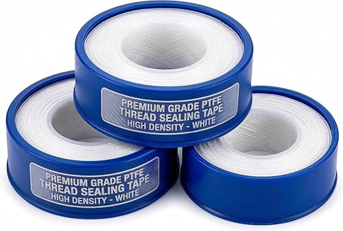 Image of PTFE Thread Sealing Tape - 1 /2 Inch x 472 Inches (12mm x 12m) White High-Density Plumbers Tape for Pipe Fittings, Shower Heads, and Water Taps - Water Resistant & Leak-Proof - Pack of 3