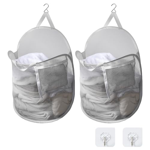 TECHMILLY ランドリーバスケット 壁掛け 洗濯かご 大容量 自立 ランドリーバッグ メッシュ 省スペース 収納 洗濯物 袋 かご 持ち運び可能 軽量 旅行 ゴミ箱 幅さ40CM長さ20CM高さ53CM (グレー、2PCS)