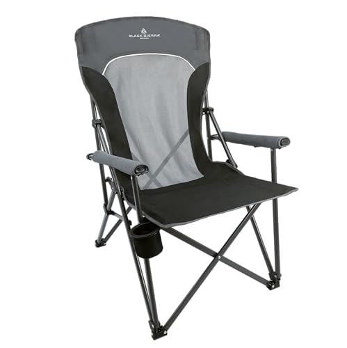 Black Sierra Ventilated Camping Chair, Breathable Mesh Back Folding Seat with Padded Armrests, Lightweight, Portable with Cup Holder & Carry Bag for Outdoors, Beach, Sports, Lawn, Picnic