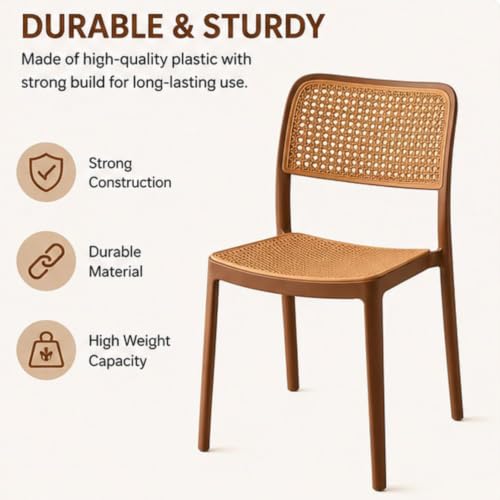 Image of NARSA Modern Rattan Style Dining Chair for Home & Cafe | Cane Pattern Plastic Chair with Ergonomic Backrest | Lightweight & Durable Indoor Outdoor Seating Chair (Brown, Armless, Set of 1)
