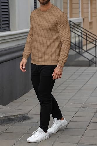 Image of KAJARU Quilted Pattern Long Sleeve Sweatshirt, Round Neck, Men's Casual Pullover, Grey, Black, Beige