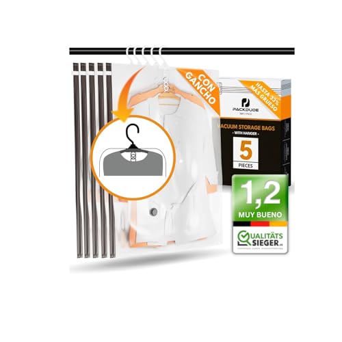 PACKDUDE Bolsas Colgantes de Almacenamiento al Vacío (con Percha) I 5 PIEZAS I Tamaño XL: 100x70cm I Bolsa para Abrigos Colgar al Vacio I Hanging Vacuum Bags I Bolsas Vacio para Abrigos y Chaquetas