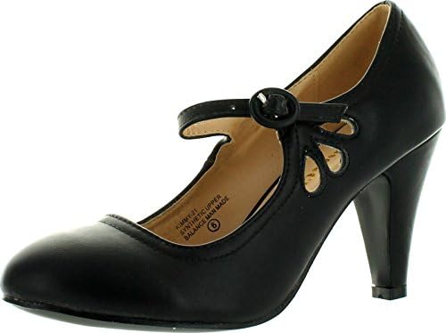 Chase & Chloe Kimmy-21 Women's Round Toe Pierced Mid Heel Mary Jane Style Dress Pumps (8.5 B(M) US, Black)