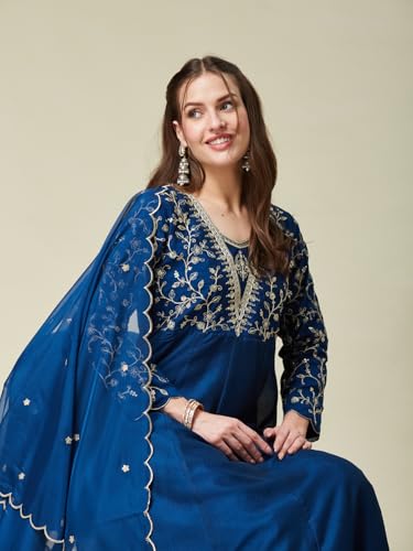 Image of MOKOSH Women's Silk Anarkali Kurta Pant with Dupatta | Anarkali Kurta Set | Embroidered | 3 Piece Outfit | Floral Ethnic Suit 4 Colour Options Available