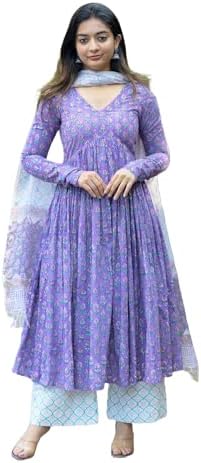 Nermosa Women Printed Anarkali Kurta and Pant Set with Dupatta (in, Alpha, L, Purple)