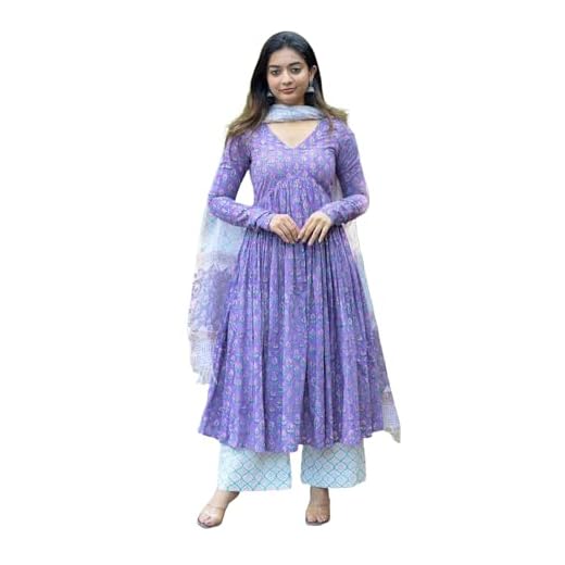 Nermosa Women’s Printed Anarkali Kurta & Pant Set with Dupatta, Purple