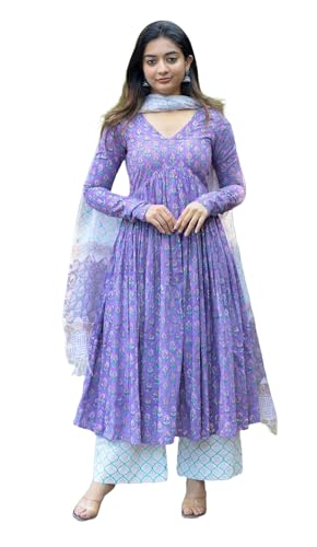 Image of Nermosa Women Printed Anarkali Kurta and Pant Set with Dupatta