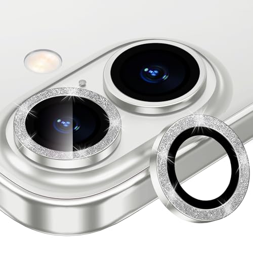Xfilm for iPhone 16/16 Plus Camera Lens Protector Bling Individual Metal Glitter Ring 9H Hardness Scratchproof Protector, Stylish Phone Accessories, Case Friendly (Glitter Silver)
