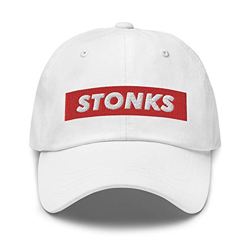 Hogue WS LLC Stonks Hat (Embroidered Dad Cap) Wallstreetbets Gamestonk Meme White