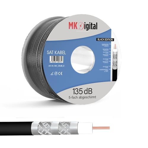 MK-Digital 100m Koaxialkabel 135dB Sat Koax Kabel, Antennenkabel 5-Fach geschirmt für DVB-S / S2, DVB-C, DVB-T, BK Anlagen 4K FullHD Ultra HD 4K, Stahl-Kupfer Satkabel, Sat verlegekabel,Schwarz