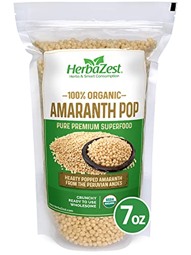 HerbaZest Amaranth Pop Organic - Wholesome & Ready to Use - Vegan, Gluten Free & USDA Certified - 7oz (200g) - Healthy Addition to Yogurt & Cereal, Granola & Muesli, Salads, Baked and Non-baked Goods