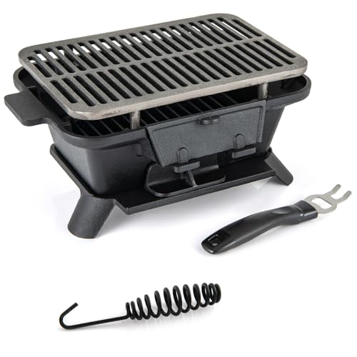GiantexUK Cast Iron Charcoal Grill, Tabletop Barbecue Grill with Double-Sided Grilling Net, Air Regulation Door and Fire Gate, Portable Smoker Grill for Outdoor Cooking Camping Hiking