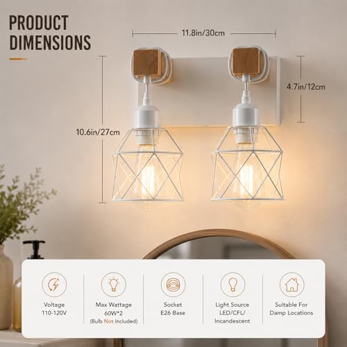 Image of Farmhouse Vanity Light Fixture,2-Light Bathroom Lighting,White Modern Wood Wall Light Over Mirror with Metal Shade