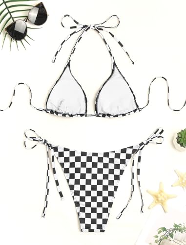 Image of ZAFUL Womens Printed Triangle Bikinis 2 Piece Halter Bikini Sets High Cut Bathing Suit Side Tie Swimsuits