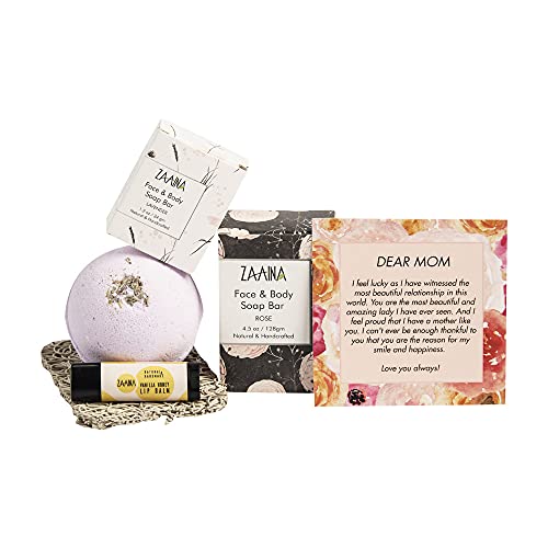 Spa Gift Set for Mother | Gift Box for Mom Includes Meaningful Card, Bath Bomb, 2X Natural Soap, Lip Balm, Soap Saver by ZAAINA Spa Gift Set for Mother | Gift Box for Mom Includes Meaningful Card, Bath Bomb, 2X Natural Soap, Lip Balm, Soap Saver by ZAAINA
