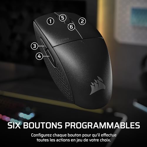 Corsair M55 Wireless Souris de Jeu FPS Légère – 2.4GHz & Bluetooth – 24 000 DPI – Durée de Vie de La Batterie – Six Boutons Programmables – Poignées Latérales Texturées – Noir