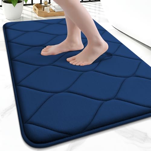Image of Smiry Memory Foam Bath Mat 24x16, Ultra Soft Absorbent Bathroom Rugs | Navy Blue, Plush Quick Dry and Machine Washable Cushion Bath Mats for Bathroom, Shower, Tub & Home Decor