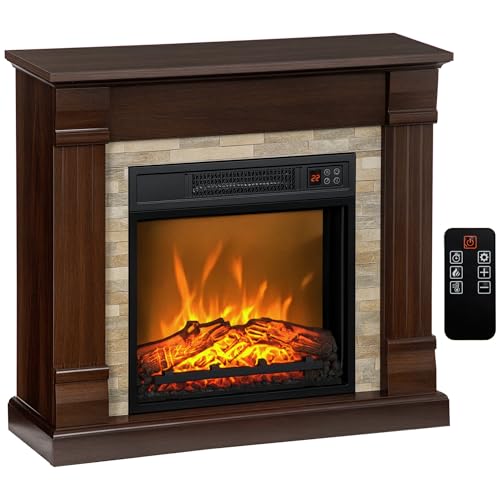 HOMCOM Chimenea Eléctrica 1800W Chimenea Decorativa con Efecto de Llama Mando a Distancia Temporizador Termostato Protección contra Sobrecalentamiento para Sala 30 m² Marrón Oscuro