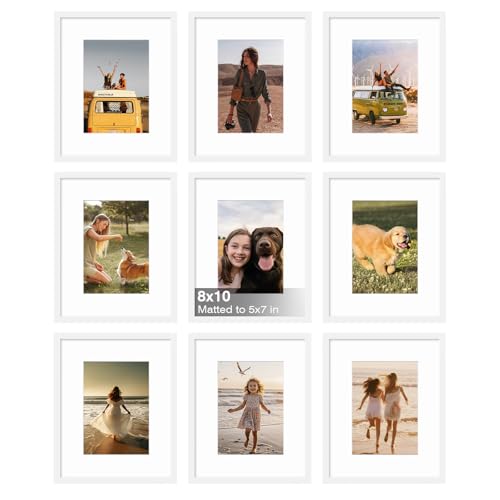 KINLINK 8x10 Picture Frame Set of 9 10x8 Photo Frames with Plexiglass for 5x7 Pictures with Mat or 8x10 Without Mat Art Collage for Wall Gallery and Tabletop Display 8 x 10 Frame White