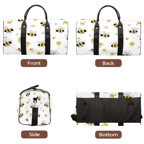 Cartoon Cute Bee Flowers Travel Duffel Bag Sports Tote Gym Bag Waterproof Tear-Resistant Carry On Overnight Bag Foldable Weekender Bag for Gym Travel Getaway Beach Sports3