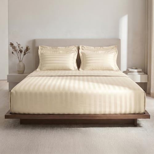 Image of LANE LINEN 100% Cotton Double Bedsheet with 2 Pillow Cases | Damask Stripe 3pc Bedding Set- 2.29M x 2.54M | Breathable & Comfortable Fabric | Oeko-TEX Certified - Ivory