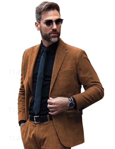 Mens Corduroy Suit 2 Piece Slim Fit British-Style Suits Two Button Business Casual Suit for Prom Wedding
