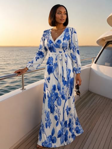 Image of PinkPatty Plus Size Dresses for Curvy Women V Neck Flowy Long Sleeves Wrap Maxi Dress Travel Vacation Outfits