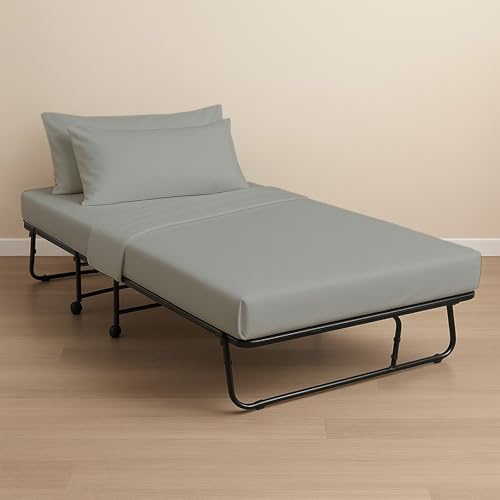 NON Sticky cotton Premium Fitted Cot Sheets, 4 Piece Egyptian Cotton Sheet Set, 8" Deep Pocket Fits Narrow Twin, RV Bunk, Guest Beds, Army Camping Cots, Trifold Mattress 25" X 75", Light Grey Solid
