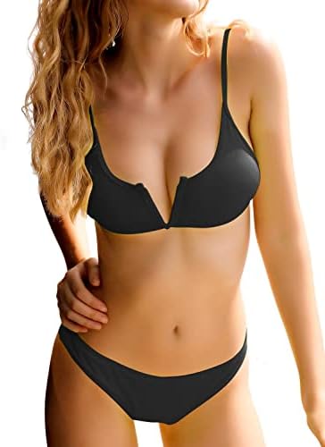 SHEKINI Costumi da Bagno Donna Scollo a V Basso Halter Top Tracolla Regolabile Costume Due Pezzi Donna Tinta Unita alla Moda con Vita Bassa Triangolo Fondo Bikini