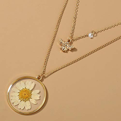 Koedln Double Layers Daisy Bee Pendant Necklace Dried Flowers Resin Sunflower Collar Necklace For Women Girls #TOP4