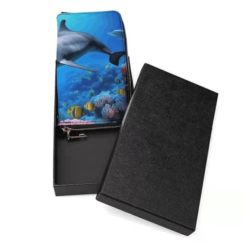 Dolphin in The Coral Reef Ladies' Leather Wallet With Hand Strap Slim Vertical Purse Wallets Card Case Long Zip Around Long Wallet Credit Cards Holder Phone Clutch3