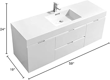 Bliss 60 Single Sink High Gloss White Wall Mount Floating Modern Bathroom Vanity