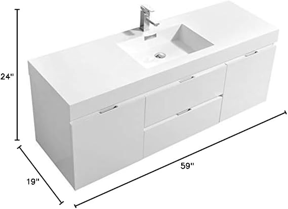 Bliss 60 Single Sink High Gloss White Wall Mount Floating Modern Bathroom Vanity
