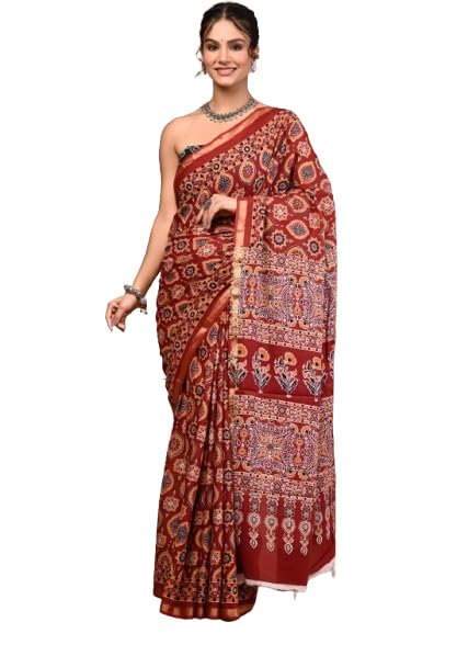 Ajrakh Print Saree, Rust Red, Traditional Block Print, Cotton Silk, Handcrafted Design-picture-26