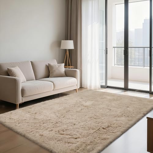 Fluffy Rug Shaggy Area Rug, Beige 4x6 Area Rugs for Bedroom, Small Bedside Rug, Soft Fluffy Shaggy Entryway Throw Rugs for Living Room Bedroom Kids Room Home Decor