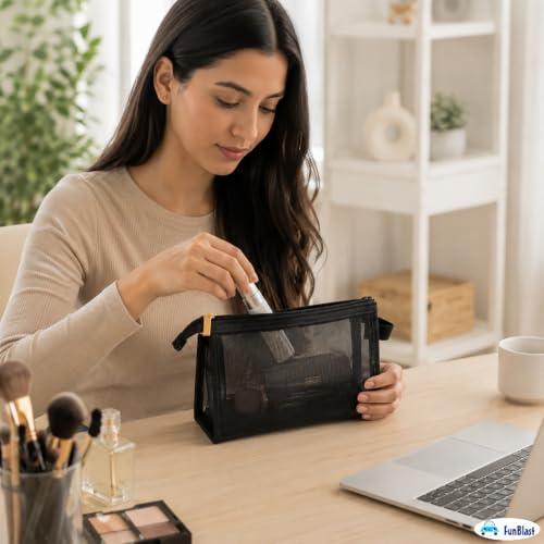 Image of FunBlast Mesh Pencil Case with Smooth Zipper, Single Layer Multi-Purpose Stationary & Pen Pouch for Boys & Girls, Transparent Stationary Bag, Organizer Pouch for Student (Black-D)