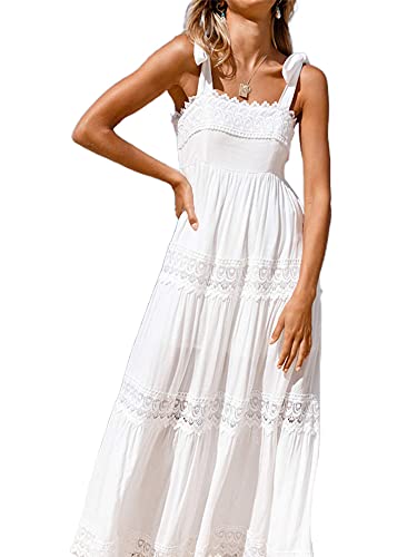 Women Mesh Dresses Sleeveless Casual Lace Long Dress Summer Backless Loose Beach Sundress (Color : White, Size : L.)