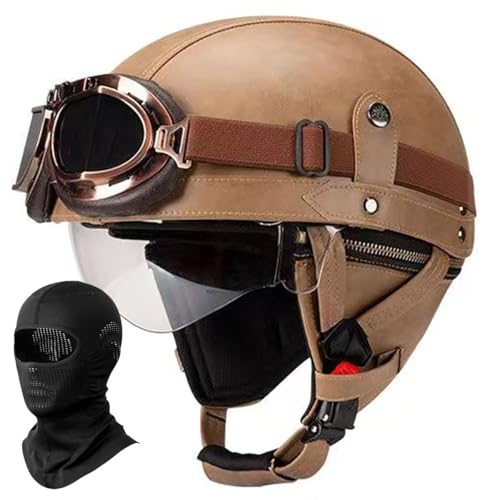 Demi-Casque de Moto Cuir Allemand Casque Demi-Visage Vintage Adultes Hommes Femmes, Casque Léger Rétro à Visage Ouvert pour Cyclomoteur Vélo Cruiser...
