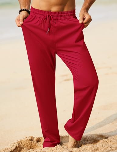 Image of iWoo Linen Pants Men Casual 2025 Summer Beach Elastic Drawstring Waist Yoga Pants Travel Baggy Work Pant Pajama