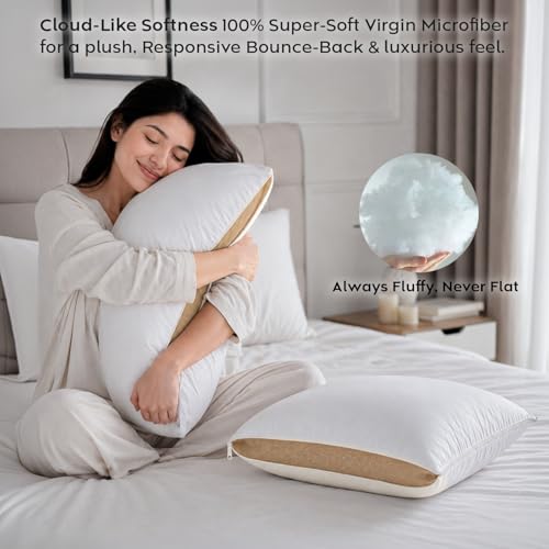 Image of AYKA Height Adjustable Microfiber Sleeping Pillow | Height Adjustable Zip Pillow | Soft & Fluffy Comfort | Hypoallergenic, Breathable & Washable |17x27 Inch | White & Beige | Set of 4