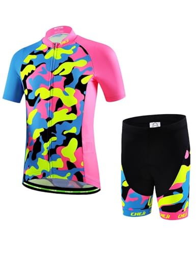 Kids Cycling Jersey Set (Short Sleeve Jersey + Padded Shorts) (Pink Camouflage, 7-9 Years)