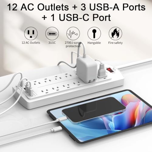 Image of Surge Protector Power Strip, Nuetsa 6Ft Flat Plug Extension Cord with12 Outlets and 4 USB Ports for Home, Office, Dorm Essentials, 2700 Joules, ETL Listed, White