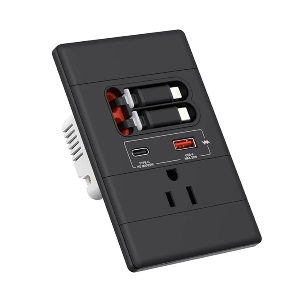 Jnchdghwa Black Usb-C& Usb-A Retractable Cables, Tamper- Usb-C Wall Outlet With Gan Pd20w, 15A 125V, Power Delivery Adapter Lightening
