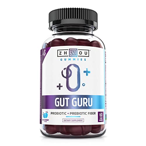 Zhou Nutrition Gut Guru Prebiotics and Probiotics for Women and Men, 2 in 1 Probiotic and Prebiotic Gummies for Digestive Gut Health and Immune Support, Vegan, Gluten Free, Non-GMO, 60 Count
