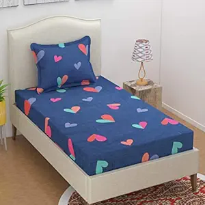 Delight Zone Prime Collection Supersoft Glace Cotton Single Bedsheet with 1 Matching Pillow Cover (Multicolour, Size 60 x 90 Inch) - Blue Hearts2-Single