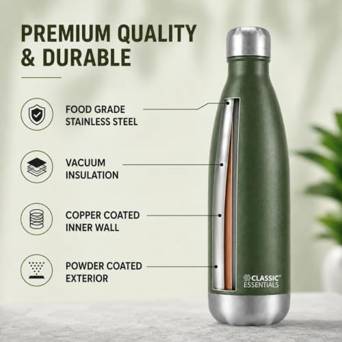 Image of Classic Essentials Insulated Double Wall Stainless Steel Water Bottle 500 ML | 12 Hours Hot & 24 Hours Cold | Vacuum Insulated, Leakproof Bottle for Home, Office, Gym & Travel (Military Green)